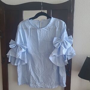 SHEIN Light Blue Gingham Ruffle Sleeve Blouse